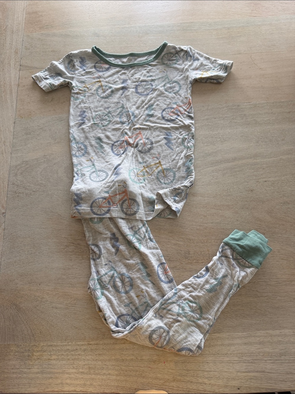 Little Sleepies Gray Bicycle Print Pajama Set with Green Trim